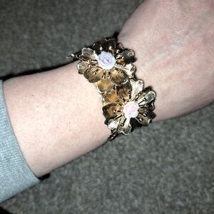 Gold Floral Bracelet with Pink Rose Accent